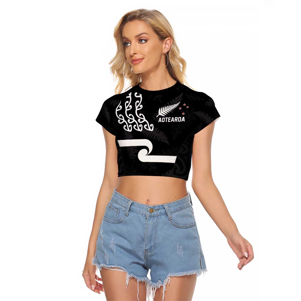 New Zealand Rugby Custom Raglan Cropped T Shirt The Champions Aotearoa LT03 Female Black - Polynesian Pride