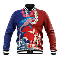 Hawaiian and Japanese Together Baseball Jacket The Whale and Koi Fish with Hinomaru and Lei LT03 Unisex Blue - Polynesian Pride