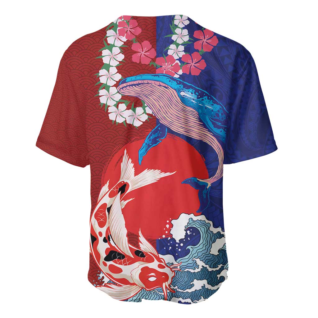 Hawaiian and Japanese Together Baseball Jersey The Whale and Koi Fish with Hinomaru and Lei LT03 - Polynesian Pride