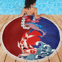 Hawaiian and Japanese Together Beach Blanket The Whale and Koi Fish with Hinomaru and Lei