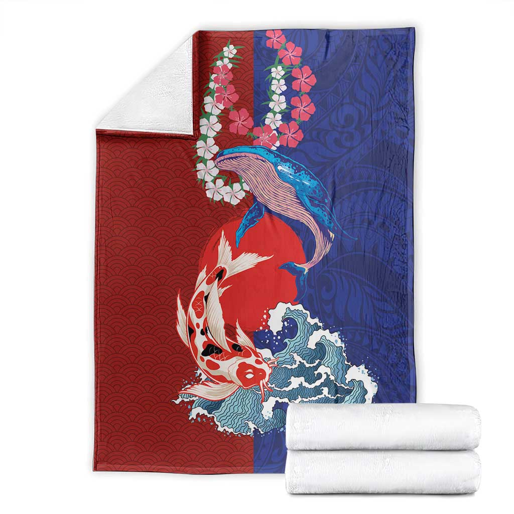 Hawaiian and Japanese Together Blanket The Whale and Koi Fish with Hinomaru and Lei