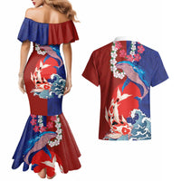 Hawaiian and Japanese Together Couples Matching Mermaid Dress and Hawaiian Shirt The Whale and Koi Fish with Hinomaru and Lei