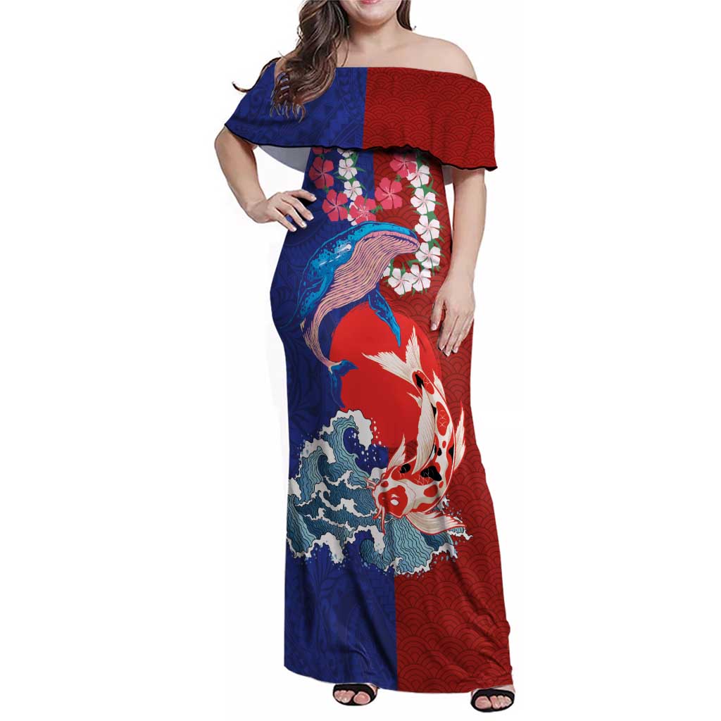 Hawaiian and Japanese Together Family Matching Off Shoulder Maxi Dress and Hawaiian Shirt The Whale and Koi Fish with Hinomaru and Lei