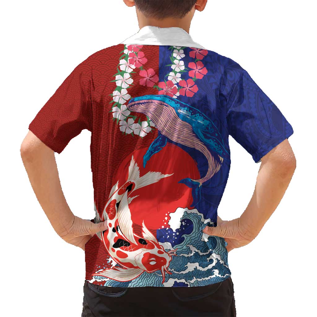 Hawaiian and Japanese Together Family Matching Puletasi and Hawaiian Shirt The Whale and Koi Fish with Hinomaru and Lei LT03 - Polynesian Pride
