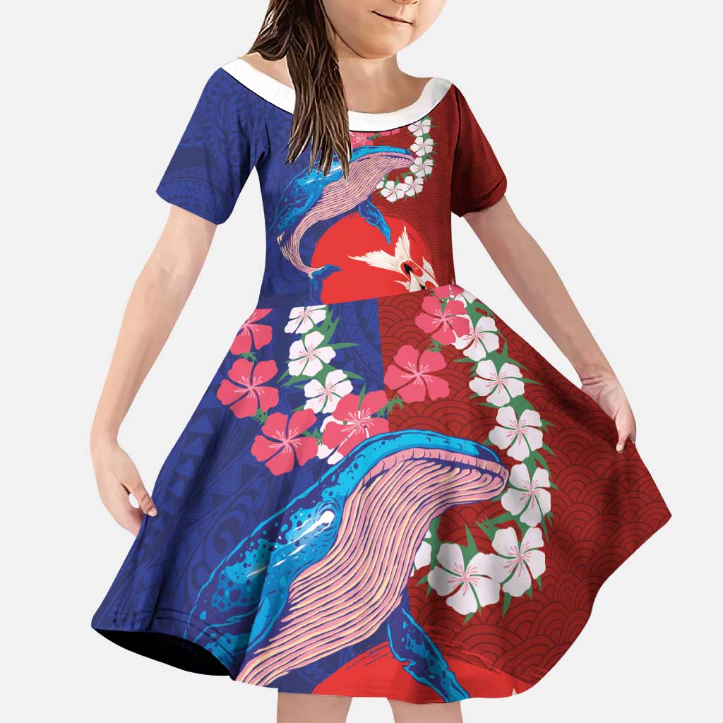 Hawaiian and Japanese Together Family Matching Puletasi and Hawaiian Shirt The Whale and Koi Fish with Hinomaru and Lei LT03 Daughter's Dress Blue - Polynesian Pride