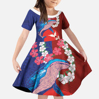 Hawaiian and Japanese Together Family Matching Puletasi and Hawaiian Shirt The Whale and Koi Fish with Hinomaru and Lei LT03 Daughter's Dress Blue - Polynesian Pride