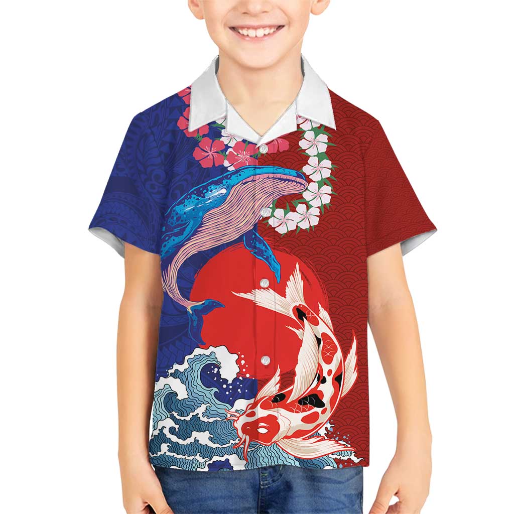 Hawaiian and Japanese Together Family Matching Puletasi and Hawaiian Shirt The Whale and Koi Fish with Hinomaru and Lei LT03 Son's Shirt Blue - Polynesian Pride