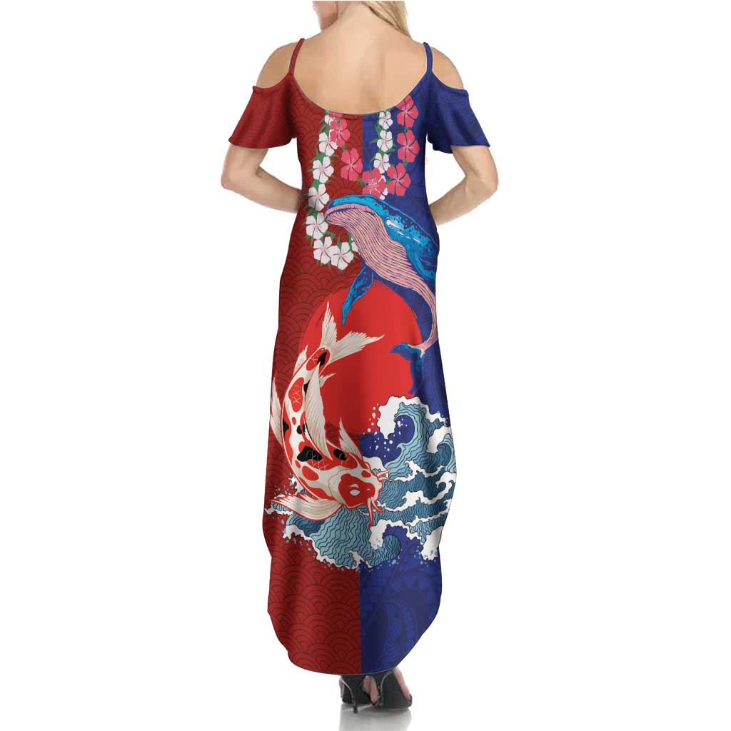 Hawaiian and Japanese Together Family Matching Summer Maxi Dress and Hawaiian Shirt The Whale and Koi Fish with Hinomaru and Lei