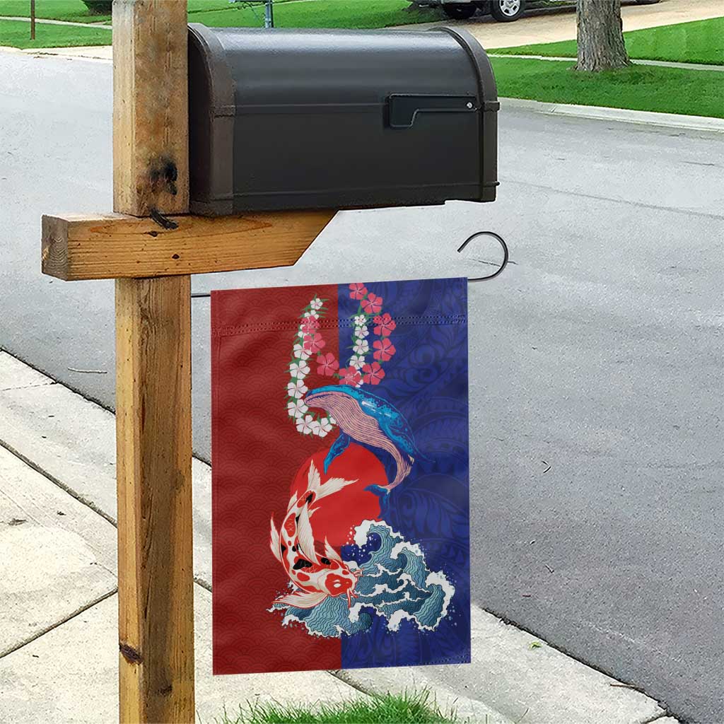 Hawaiian and Japanese Together Garden Flag The Whale and Koi Fish with Hinomaru and Lei