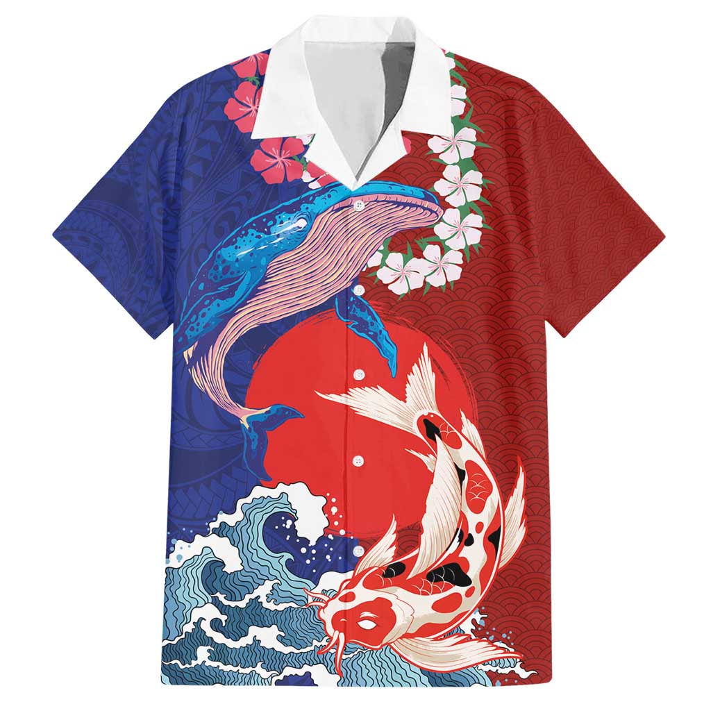 Hawaiian and Japanese Together Hawaiian Shirt The Whale and Koi Fish with Hinomaru and Lei
