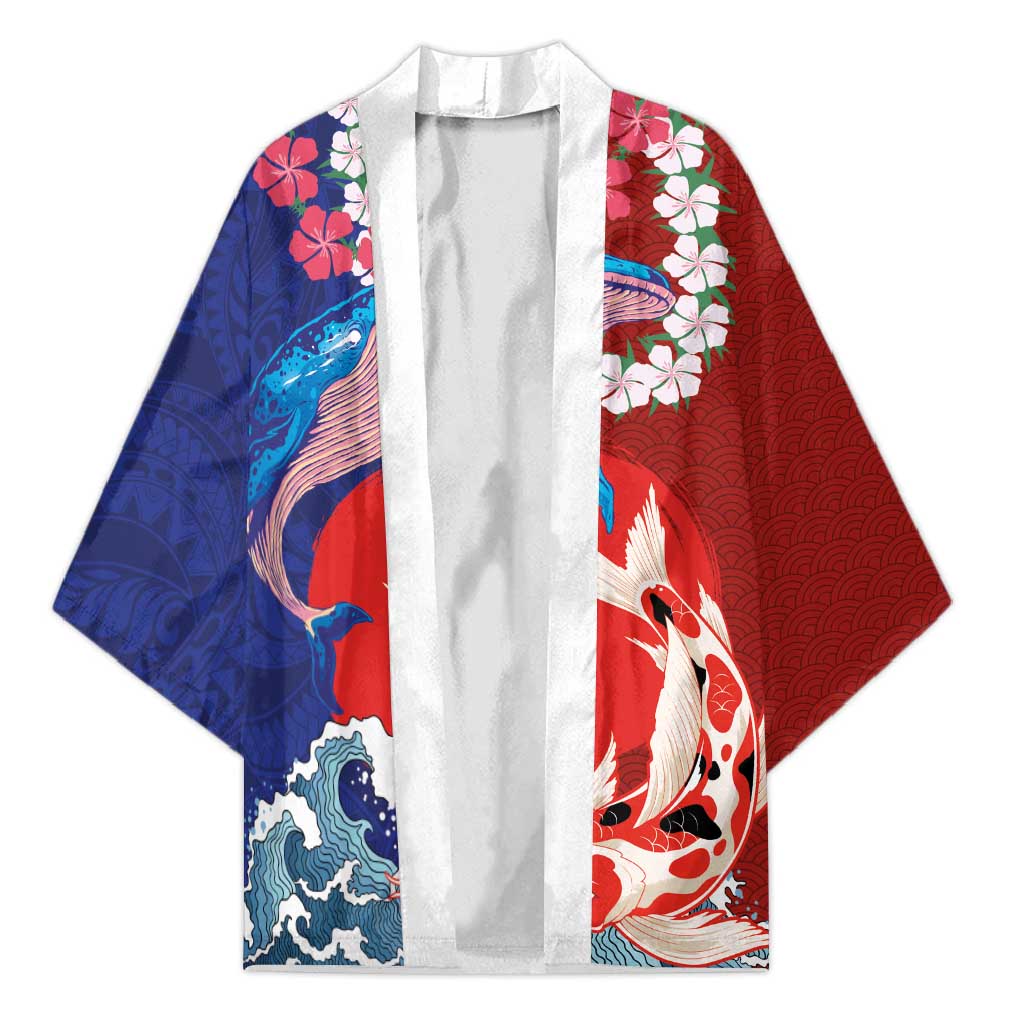 Hawaiian and Japanese Together Kimono The Whale and Koi Fish with Hinomaru and Lei - Polynesian Pride