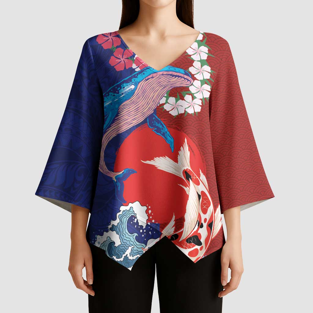 Hawaiian and Japanese Together Kimono Sleeve Blouse The Whale and Koi Fish with Hinomaru and Lei - Polynesian Pride