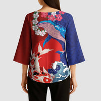 Hawaiian and Japanese Together Kimono Sleeve Blouse The Whale and Koi Fish with Hinomaru and Lei - Polynesian Pride