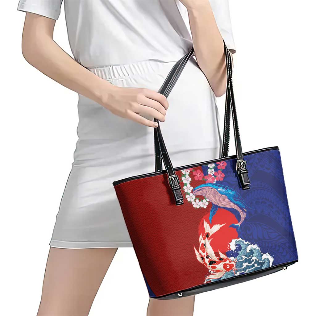 Hawaiian and Japanese Together Leather Tote Bag The Whale and Koi Fish with Hinomaru and Lei LT03 - Polynesian Pride