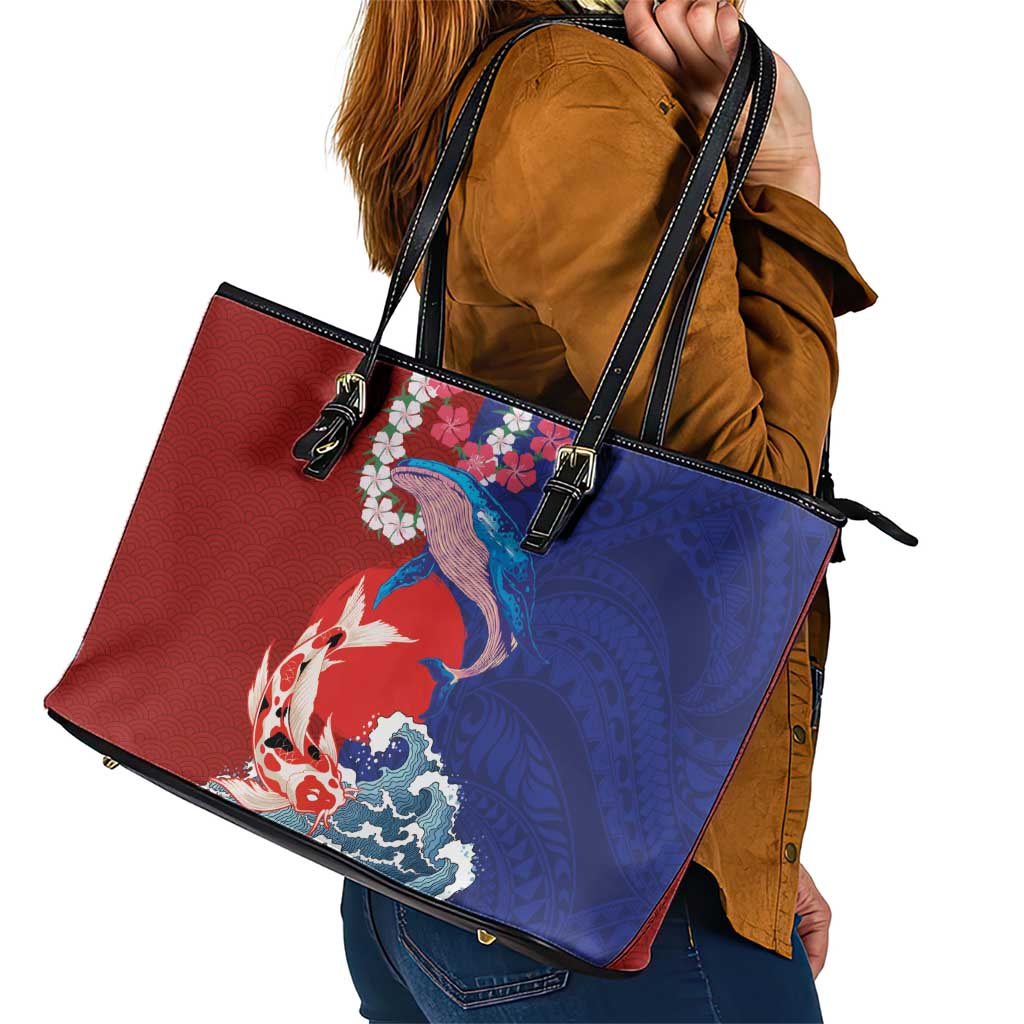 Hawaiian and Japanese Together Leather Tote Bag The Whale and Koi Fish with Hinomaru and Lei LT03 - Polynesian Pride