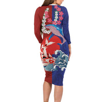Hawaiian and Japanese Together Long Sleeve Bodycon Dress The Whale and Koi Fish with Hinomaru and Lei