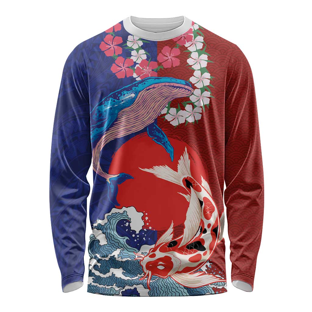 Hawaiian and Japanese Together Long Sleeve Shirt The Whale and Koi Fish with Hinomaru and Lei LT03 Unisex Blue - Polynesian Pride