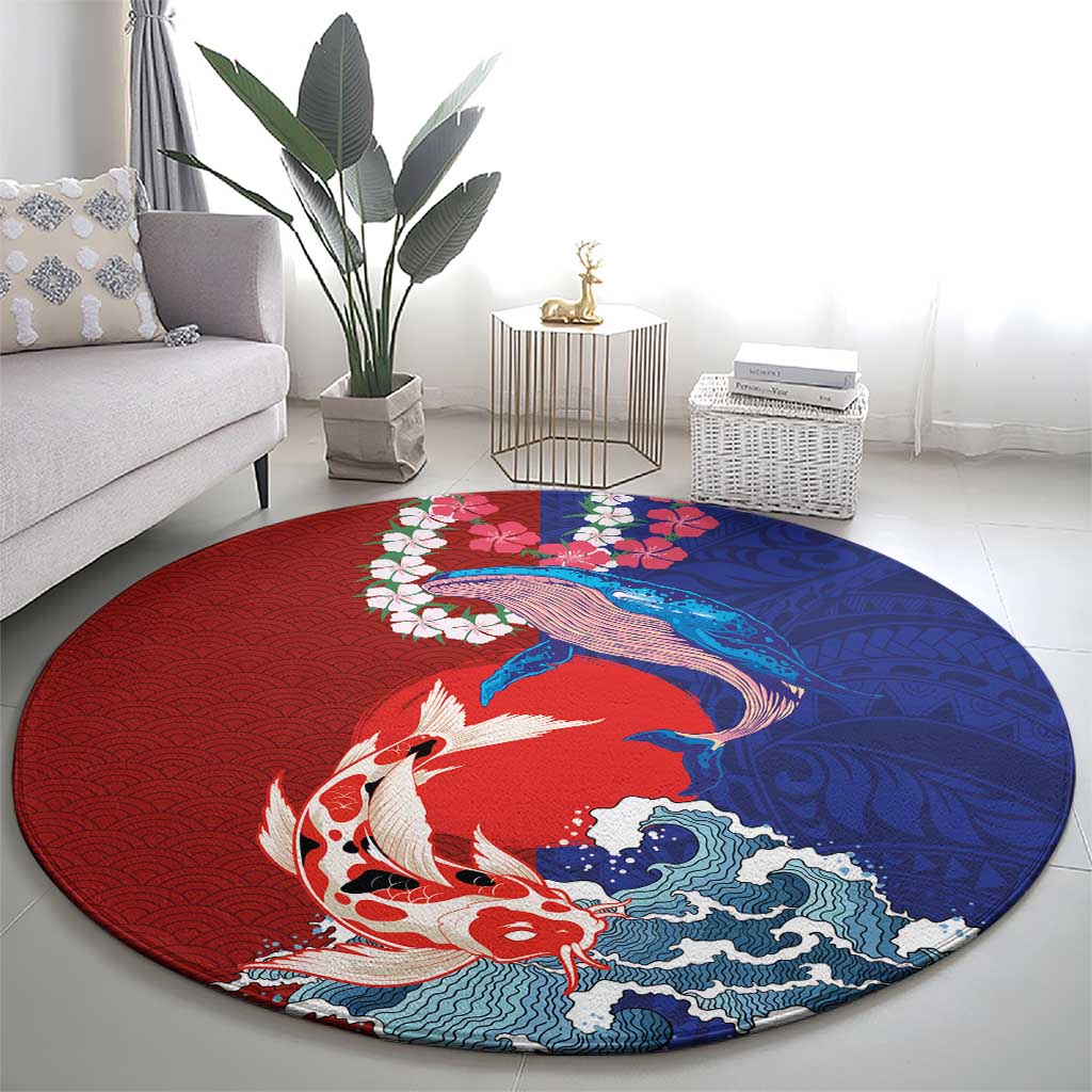 Hawaiian and Japanese Together Round Carpet The Whale and Koi Fish with Hinomaru and Lei