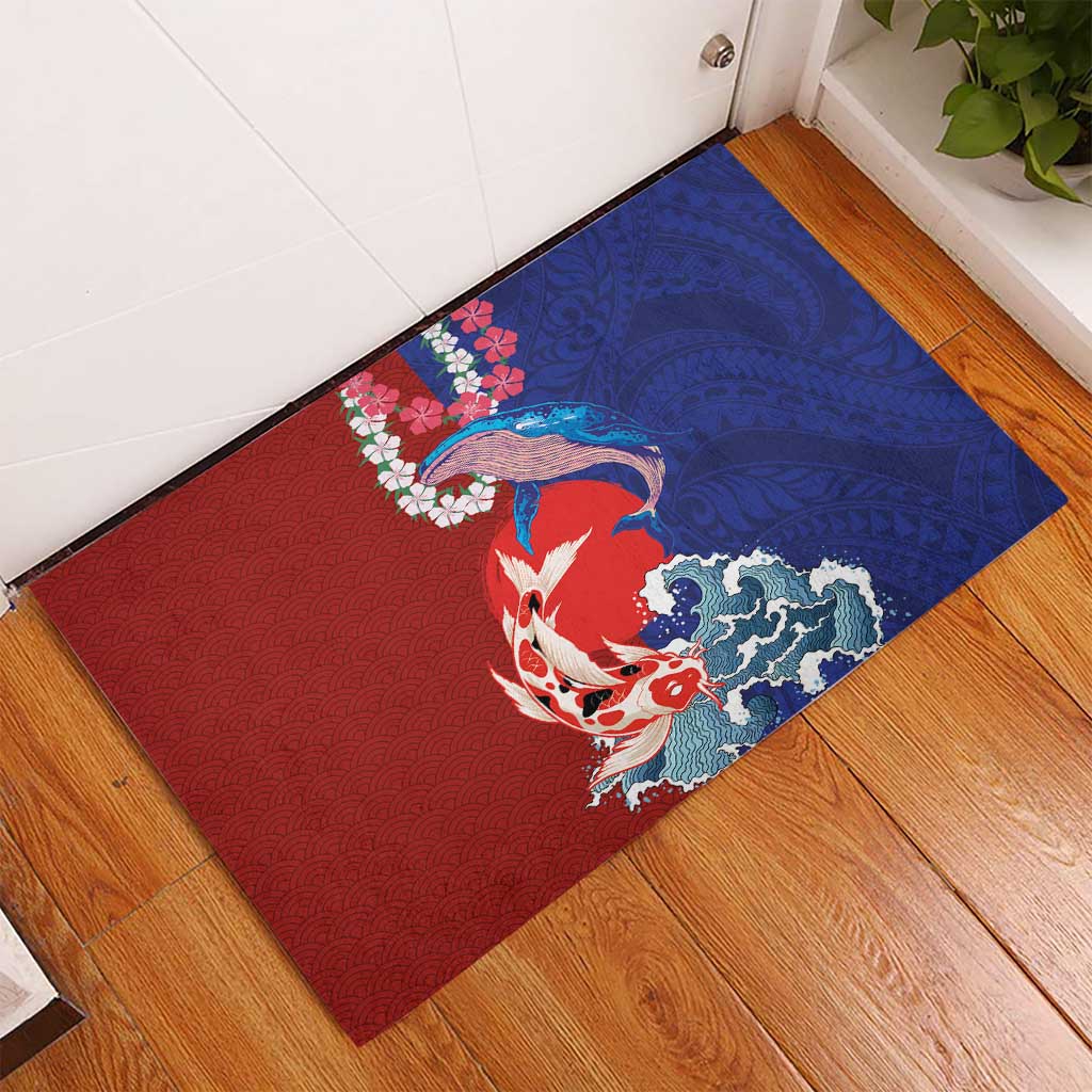 Hawaiian and Japanese Together Rubber Doormat The Whale and Koi Fish with Hinomaru and Lei LT03 - Polynesian Pride