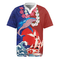 Hawaiian and Japanese Together Rugby Jersey The Whale and Koi Fish with Hinomaru and Lei LT03 Blue - Polynesian Pride