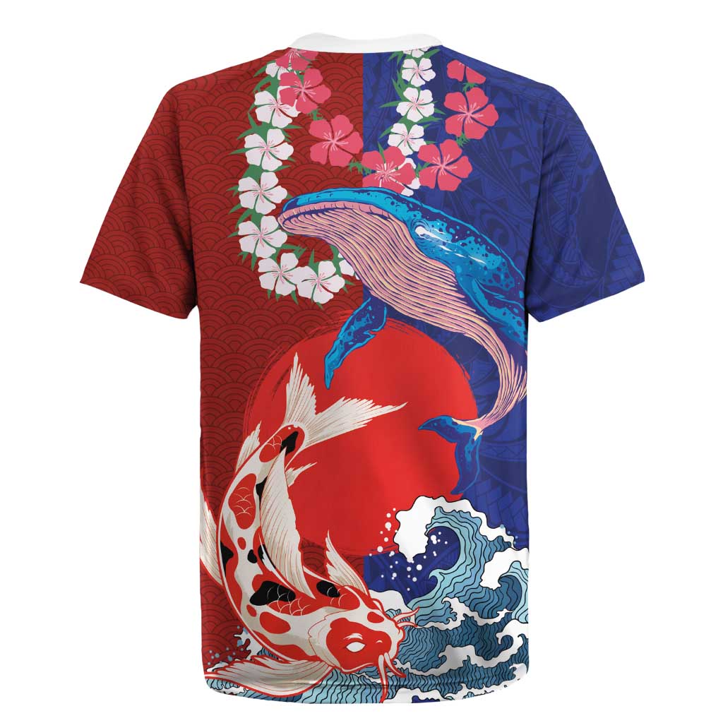 Hawaiian and Japanese Together Rugby Jersey The Whale and Koi Fish with Hinomaru and Lei LT03 - Polynesian Pride