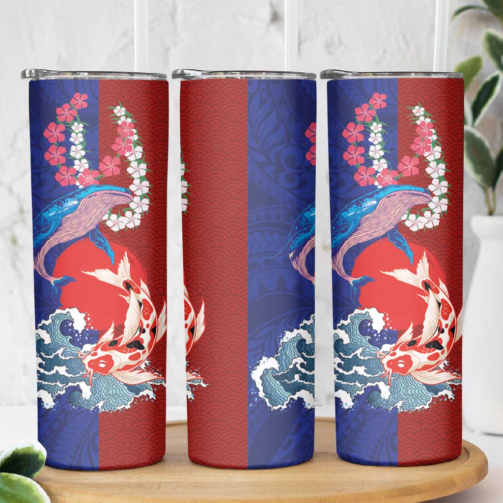 Hawaiian and Japanese Together Skinny Tumbler The Whale and Koi Fish with Hinomaru and Lei