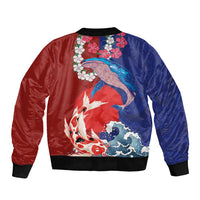 Hawaiian and Japanese Together Sleeve Zip Bomber Jacket The Whale and Koi Fish with Hinomaru and Lei
