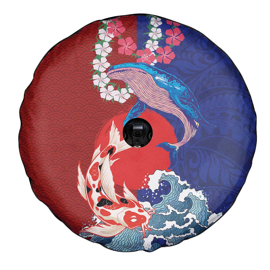 Hawaiian and Japanese Together Spare Tire Cover The Whale and Koi Fish with Hinomaru and Lei