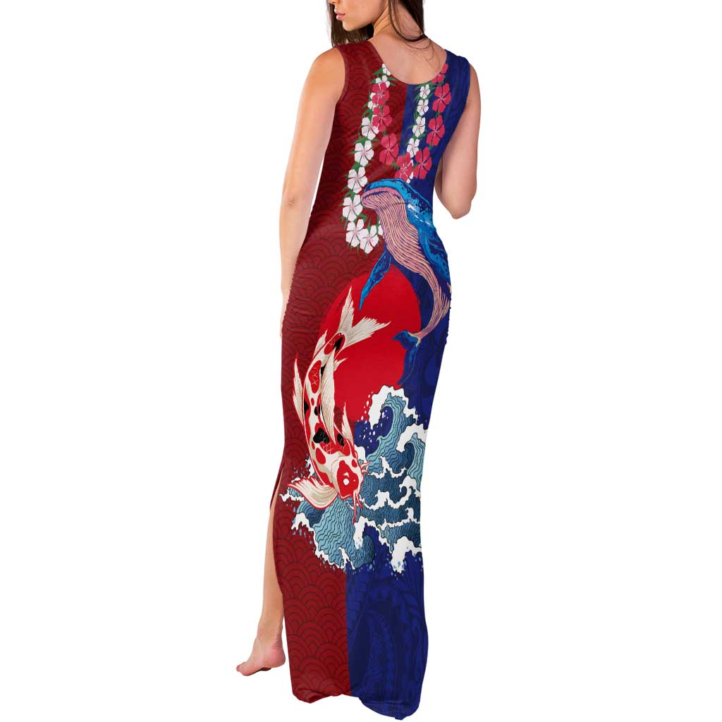 Hawaiian and Japanese Together Tank Maxi Dress The Whale and Koi Fish with Hinomaru and Lei