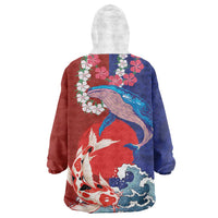 Hawaiian and Japanese Together Wearable Blanket Hoodie The Whale and Koi Fish with Hinomaru and Lei