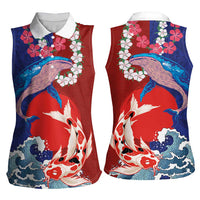 Hawaiian and Japanese Together Women Sleeveless Polo Shirt The Whale and Koi Fish with Hinomaru and Lei
