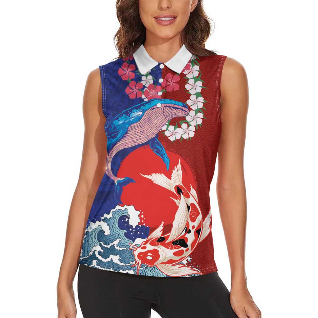 Hawaiian and Japanese Together Women Sleeveless Polo Shirt The Whale and Koi Fish with Hinomaru and Lei