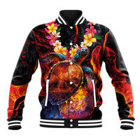 Hawaiian Turtle with Volcanic Eruption Baseball Jacket Hibiscus Lei and Lava Flow an Abstract Texture LT03 Unisex Black - Polynesian Pride