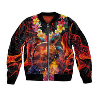 Hawaiian Turtle with Volcanic Eruption Bomber Jacket Hibiscus Lei and Lava Flow an Abstract Texture LT03 Unisex Black - Polynesian Pride