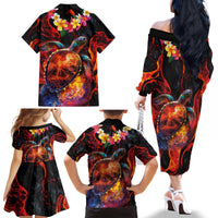 Hawaiian Turtle with Volcanic Eruption Family Matching Off The Shoulder Long Sleeve Dress and Hawaiian Shirt Hibiscus Lei and Lava Flow an Abstract Texture