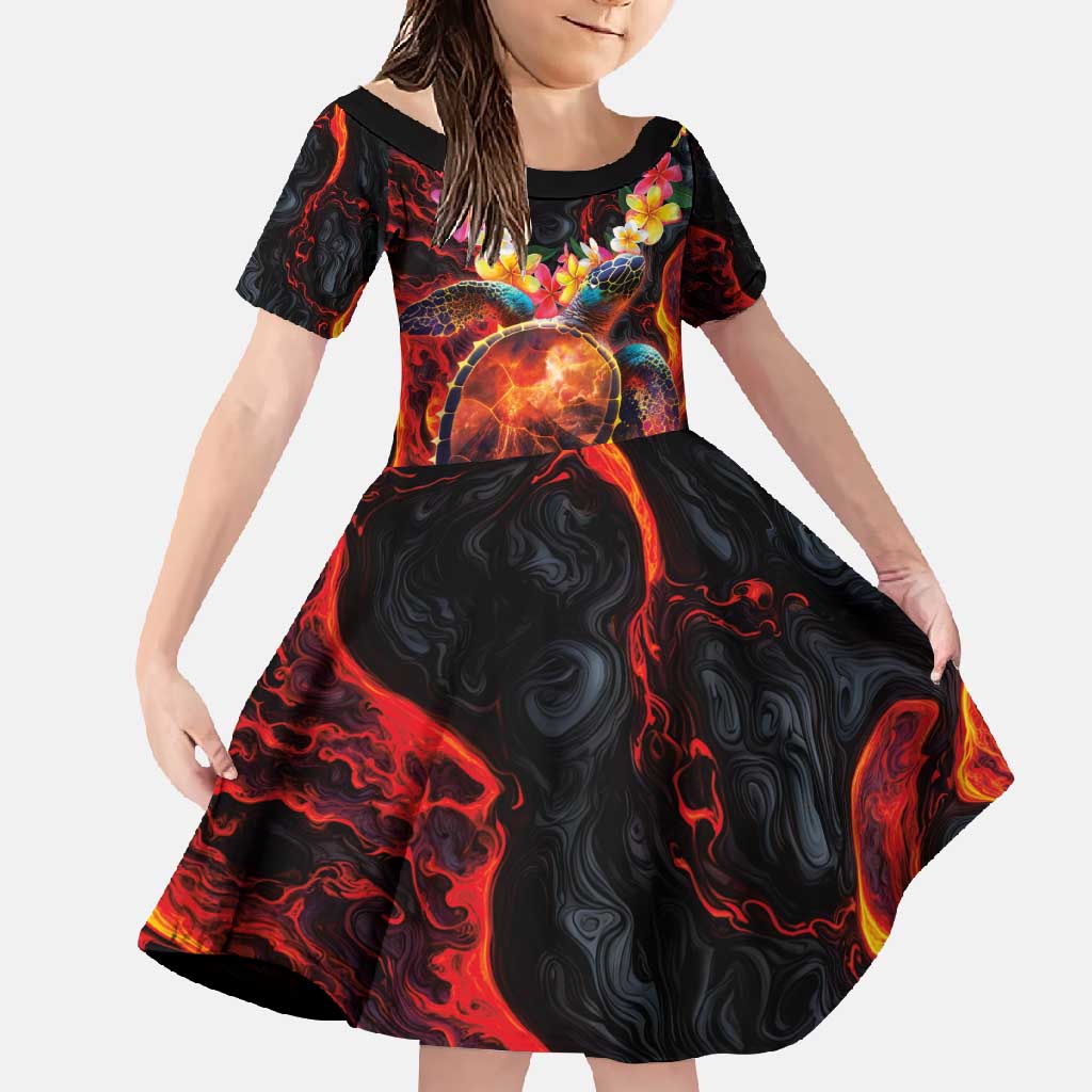 Hawaiian Turtle with Volcanic Eruption Family Matching Off Shoulder Maxi Dress and Hawaiian Shirt Hibiscus Lei and Lava Flow an Abstract Texture