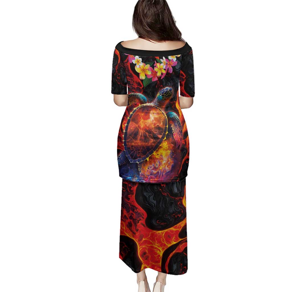 Hawaiian Turtle with Volcanic Eruption Family Matching Puletasi and Hawaiian Shirt Hibiscus Lei and Lava Flow an Abstract Texture