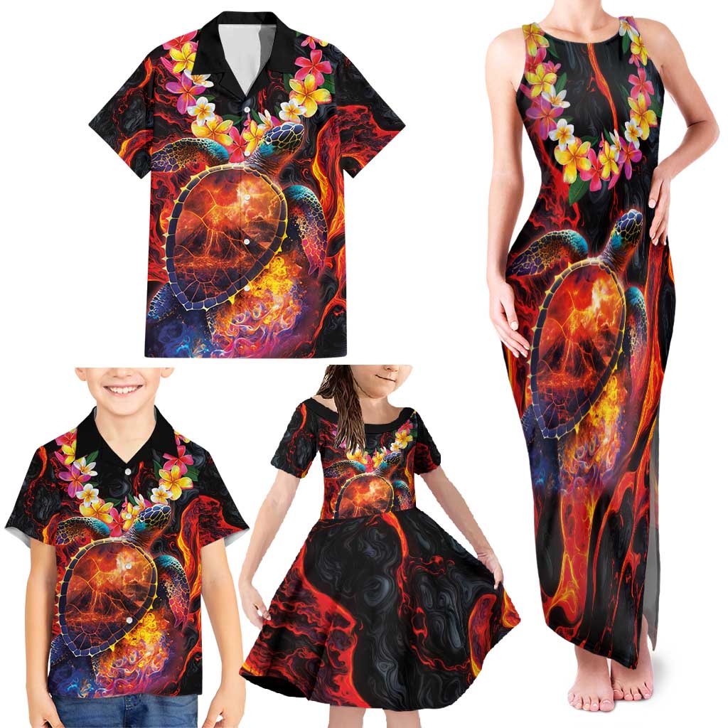 Hawaiian Turtle with Volcanic Eruption Family Matching Tank Maxi Dress and Hawaiian Shirt Hibiscus Lei and Lava Flow an Abstract Texture