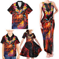 Hawaiian Turtle with Volcanic Eruption Family Matching Tank Maxi Dress and Hawaiian Shirt Hibiscus Lei and Lava Flow an Abstract Texture