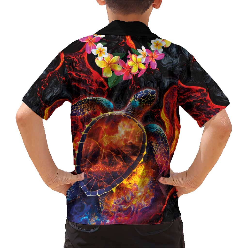 Hawaiian Turtle with Volcanic Eruption Kid Hawaiian Shirt Hibiscus Lei and Lava Flow an Abstract Texture