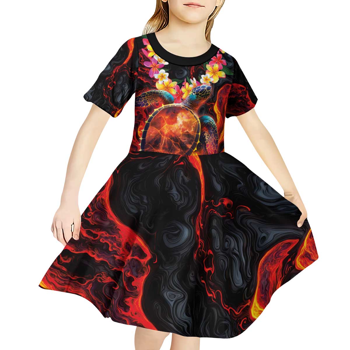 Hawaiian Turtle with Volcanic Eruption Kid Short Sleeve Dress Hibiscus Lei and Lava Flow an Abstract Texture