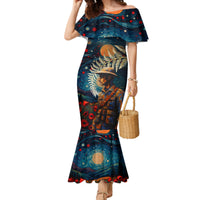 New Zealand Soldier ANZAC Day Family Matching Mermaid Dress and Hawaiian Shirt Silver Fern Starry Night Style LT03 Mom's Dress Blue - Polynesian Pride