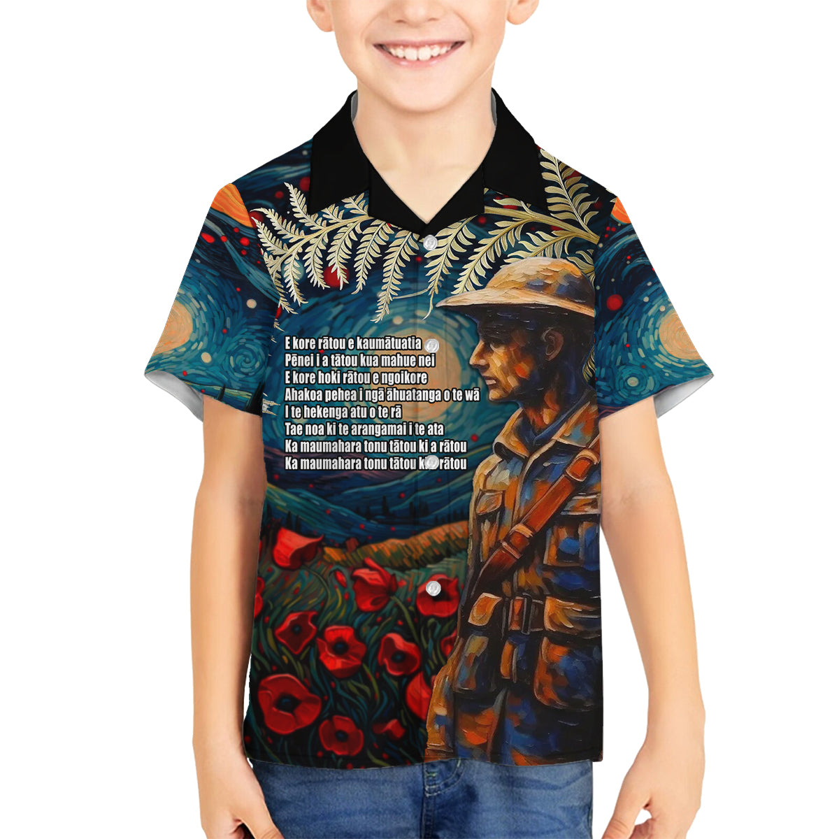New Zealand Soldier ANZAC Day Family Matching Off Shoulder Maxi Dress and Hawaiian Shirt Silver Fern Starry Night Style LT03 Son's Shirt Blue - Polynesian Pride