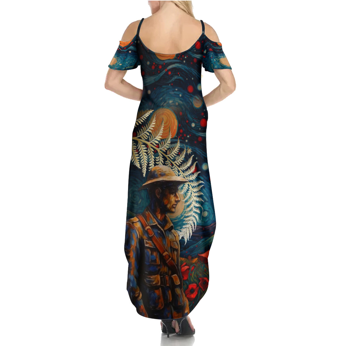 New Zealand Soldier ANZAC Day Family Matching Summer Maxi Dress and Hawaiian Shirt Silver Fern Starry Night Style LT03 - Polynesian Pride