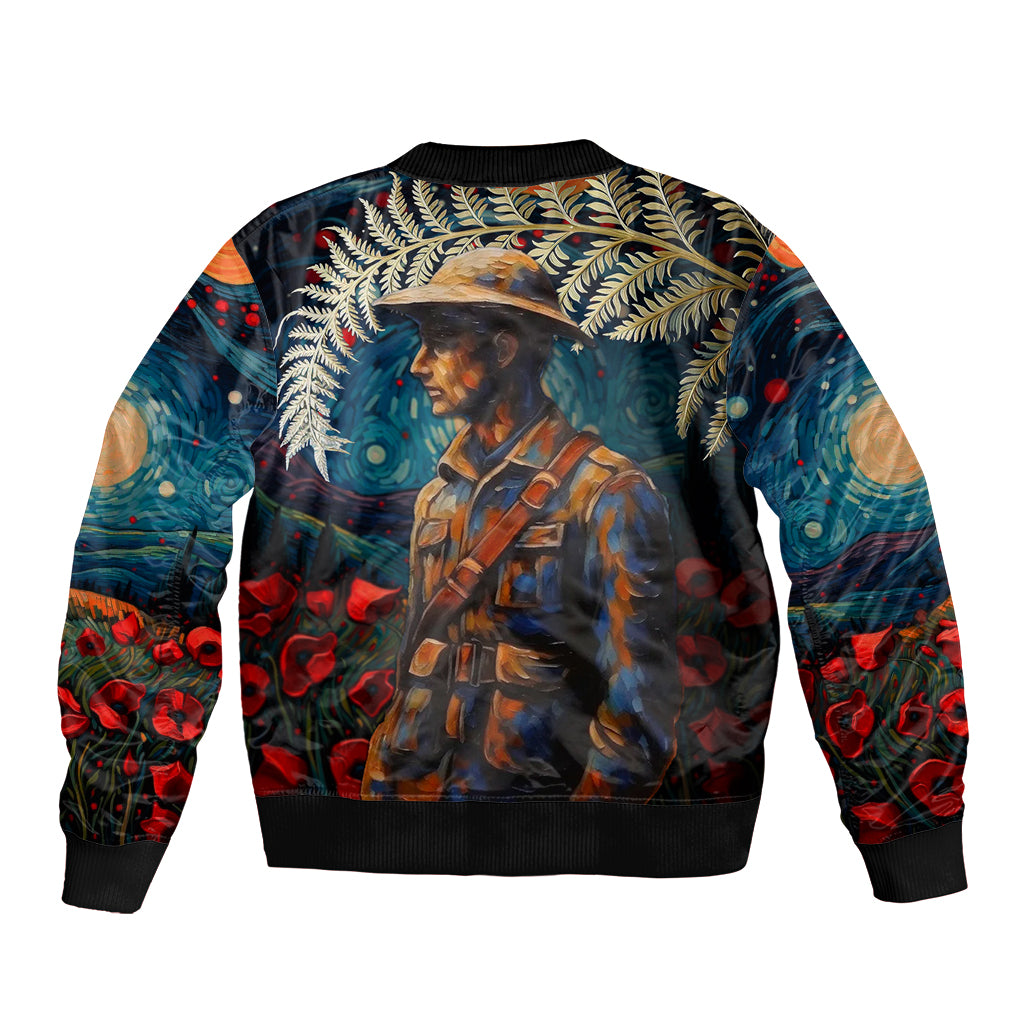 New Zealand Soldier ANZAC Day Sleeve Zip Bomber Jacket Silver Fern Starry Night Style LT03 - Polynesian Pride