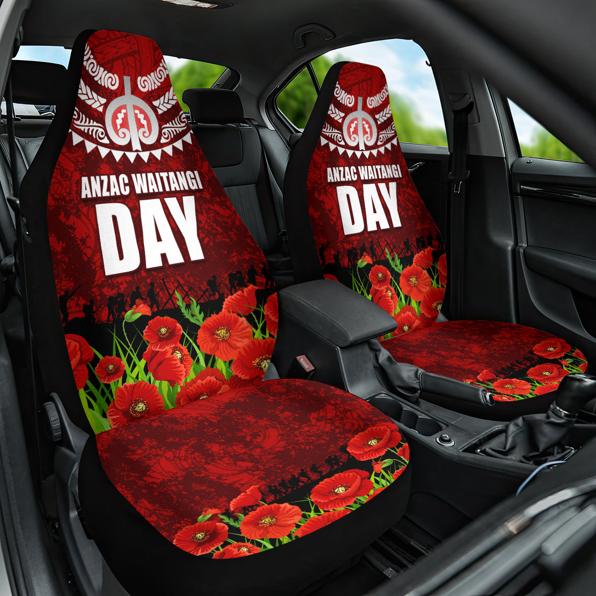 New Zealand ANZAC Waitangi Day Car Seat Cover Hei Tiki and Soldier LT03 One Size Red - Polynesian Pride