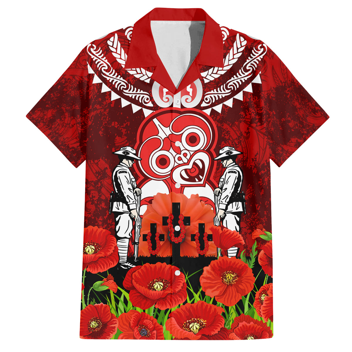 New Zealand ANZAC Waitangi Day Family Matching Off Shoulder Maxi Dress and Hawaiian Shirt Hei Tiki and Soldier LT03 Dad's Shirt - Short Sleeve Red - Polynesian Pride