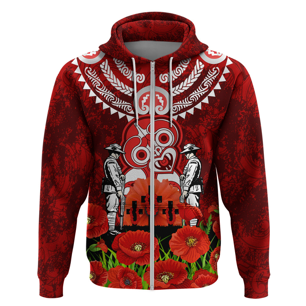 New Zealand ANZAC Waitangi Day Hoodie Hei Tiki and Soldier LT03 Zip Hoodie Red - Polynesian Pride
