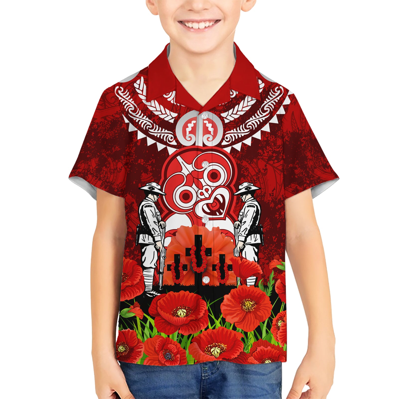 New Zealand ANZAC Waitangi Day Kid Hawaiian Shirt Hei Tiki and Soldier LT03 Kid Red - Polynesian Pride