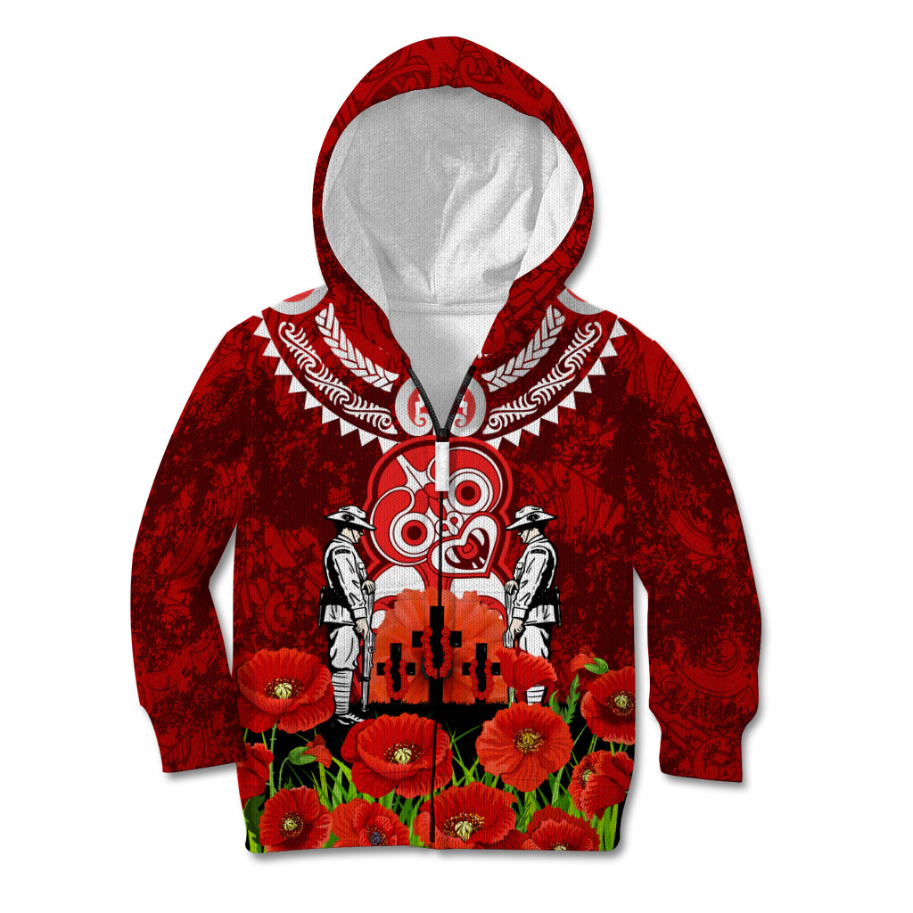 New Zealand ANZAC Waitangi Day Kid Hoodie Hei Tiki and Soldier LT03 Zip Hoodie Red - Polynesian Pride